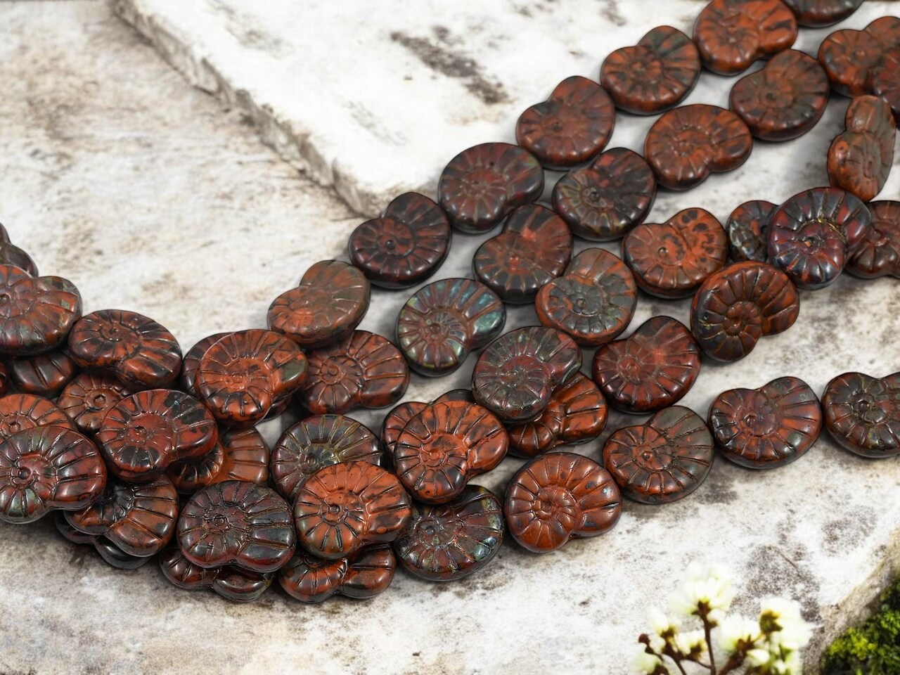 *12* 16x13mm Burnt Sienna Orange Travertine Ammonite Snail Shell Beads